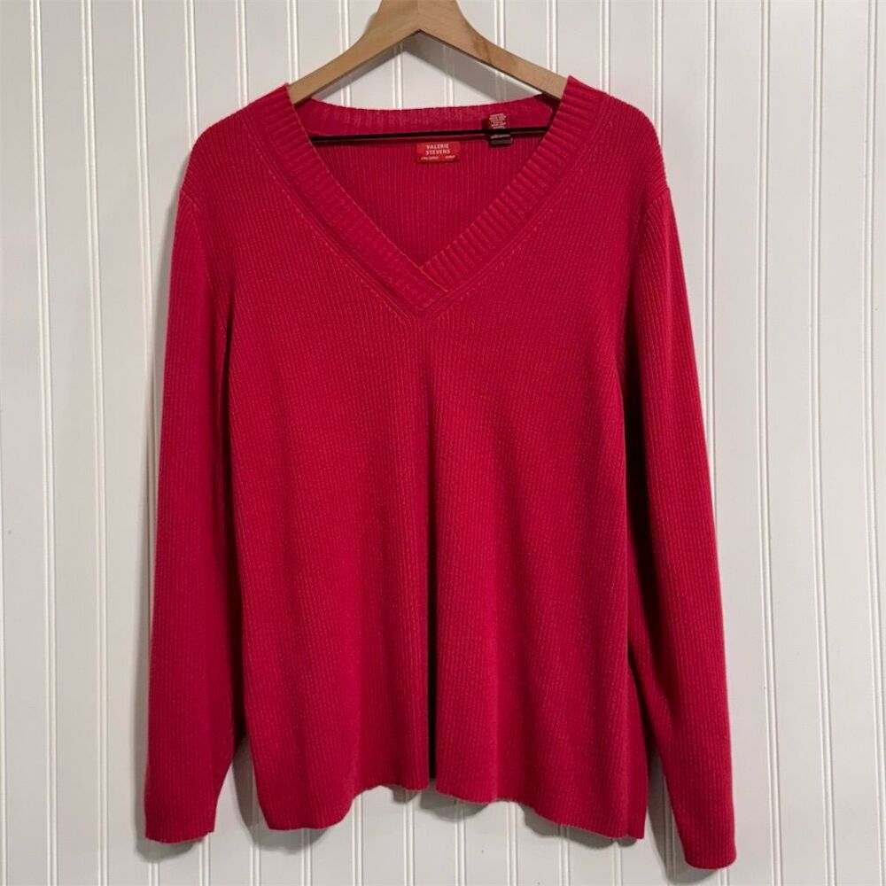 Valerie Stevens Sweater Large Pink Pima Cotton Ribbed V-Neck Pullover 90s VTG